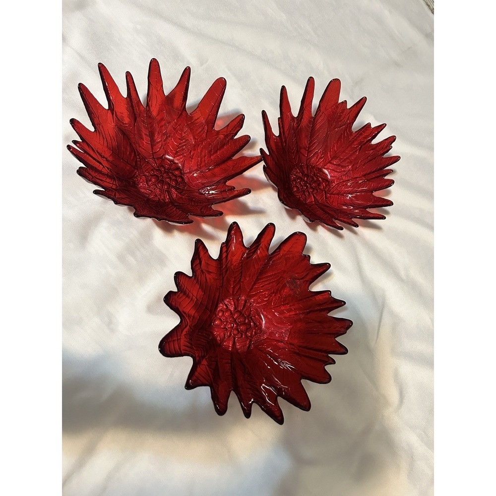 Christmas Three AKCAM Red Poinsettia Flower Glass Serving Bowl or Decor Turkish